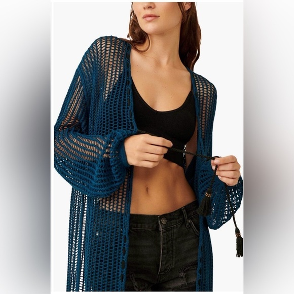 NWT Free People Lattice Open Front Knit Duster Cardigan in Blue Size Medium - Picture 1 of 11